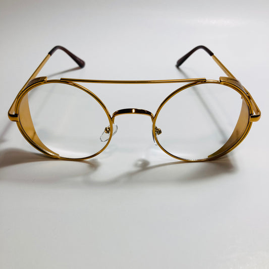 mens and womens gold round glasses with side shields