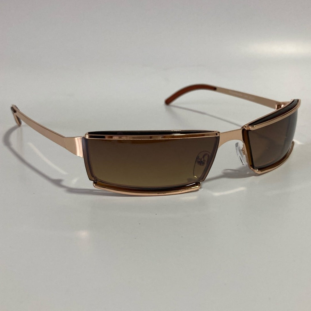 mens and womens gold wrap sunglasses with brown lenses