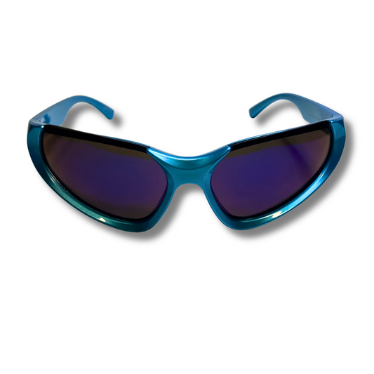 blue mirrored futuristic wraparound sunglasses