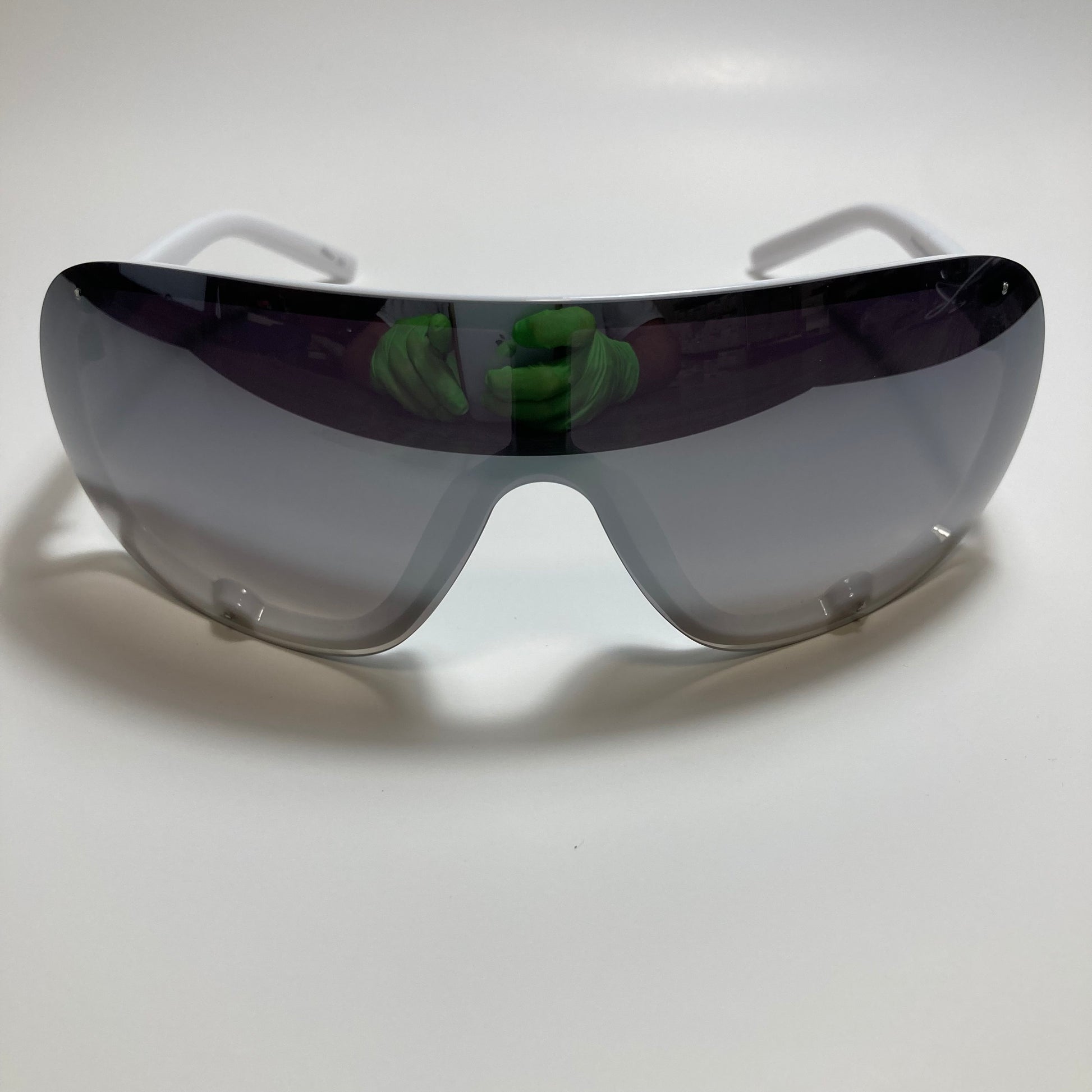 mens and womens white and silver mirrored shield sunglasses 