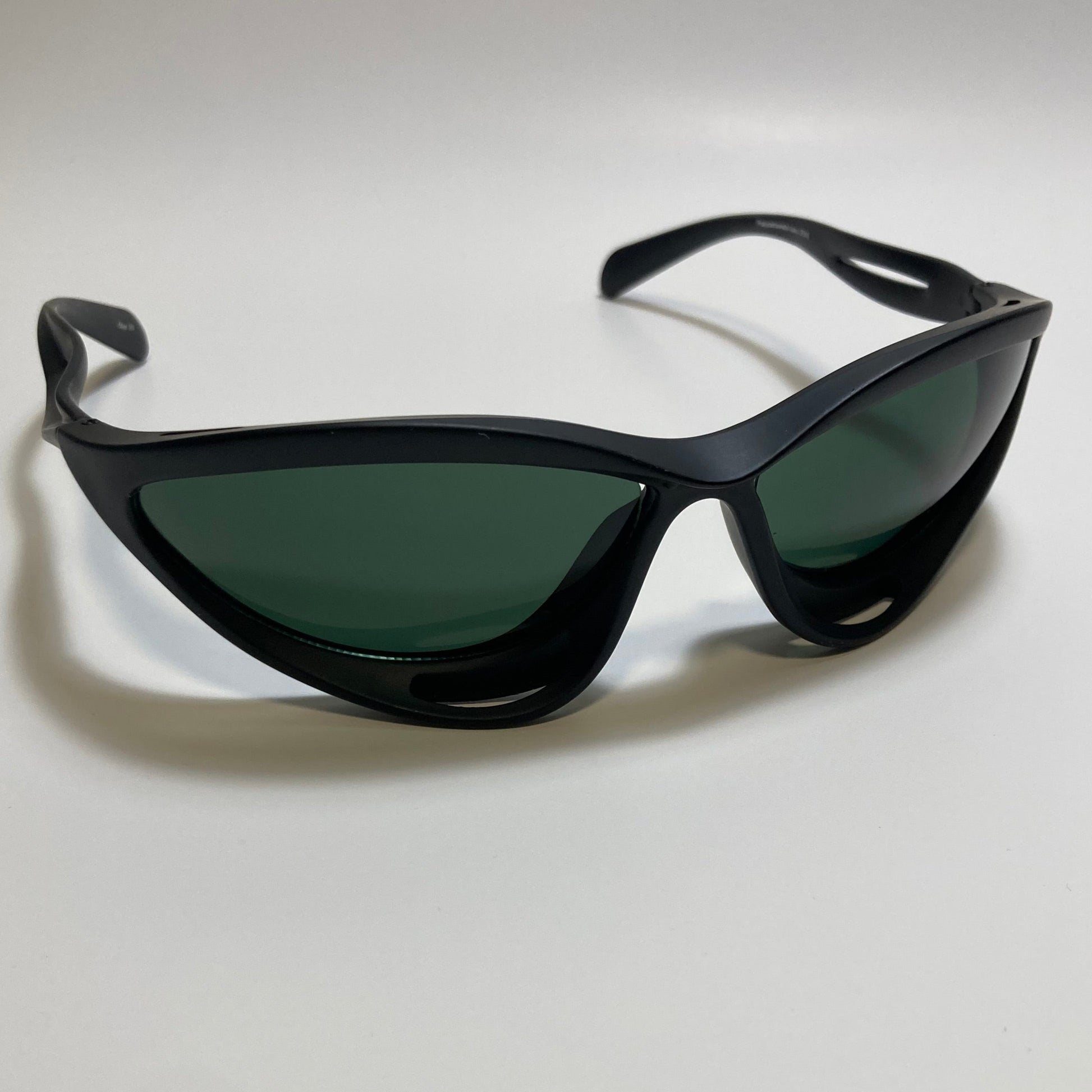mens and womens matte black and green lens futuristic sunglasses