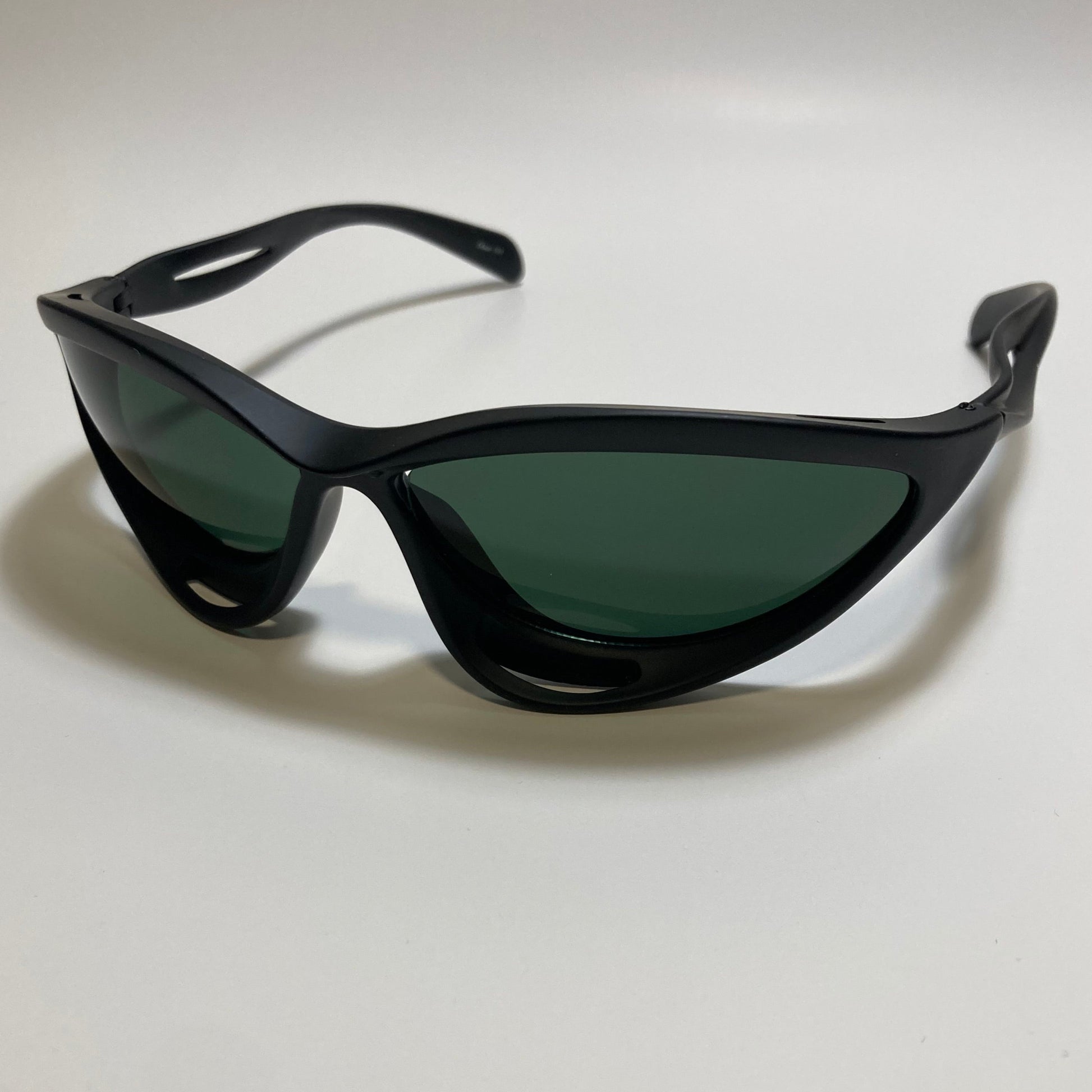 mens and womens matte black and green lens futuristic sunglasses