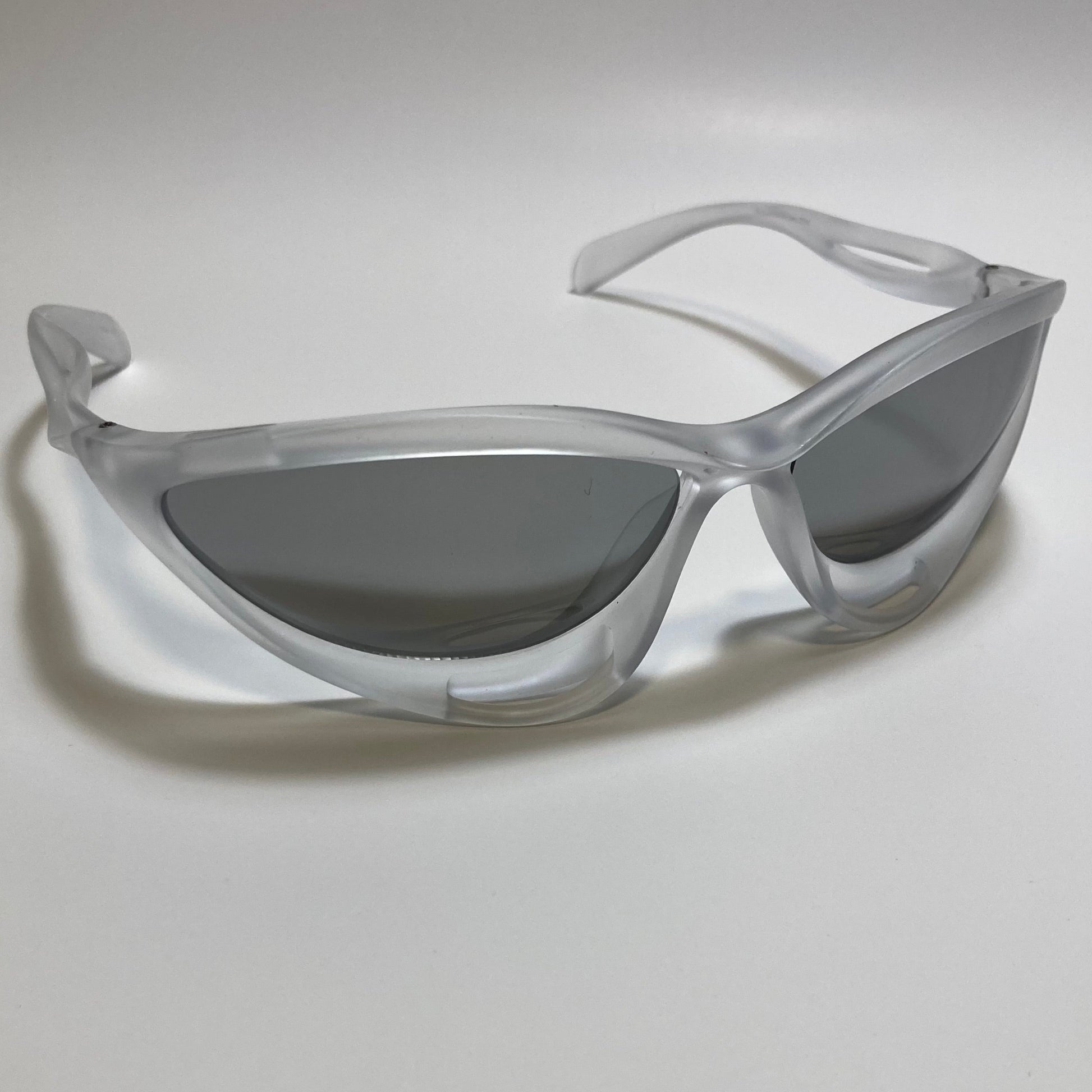 mens and womens clear and silver futuristic sunglasses