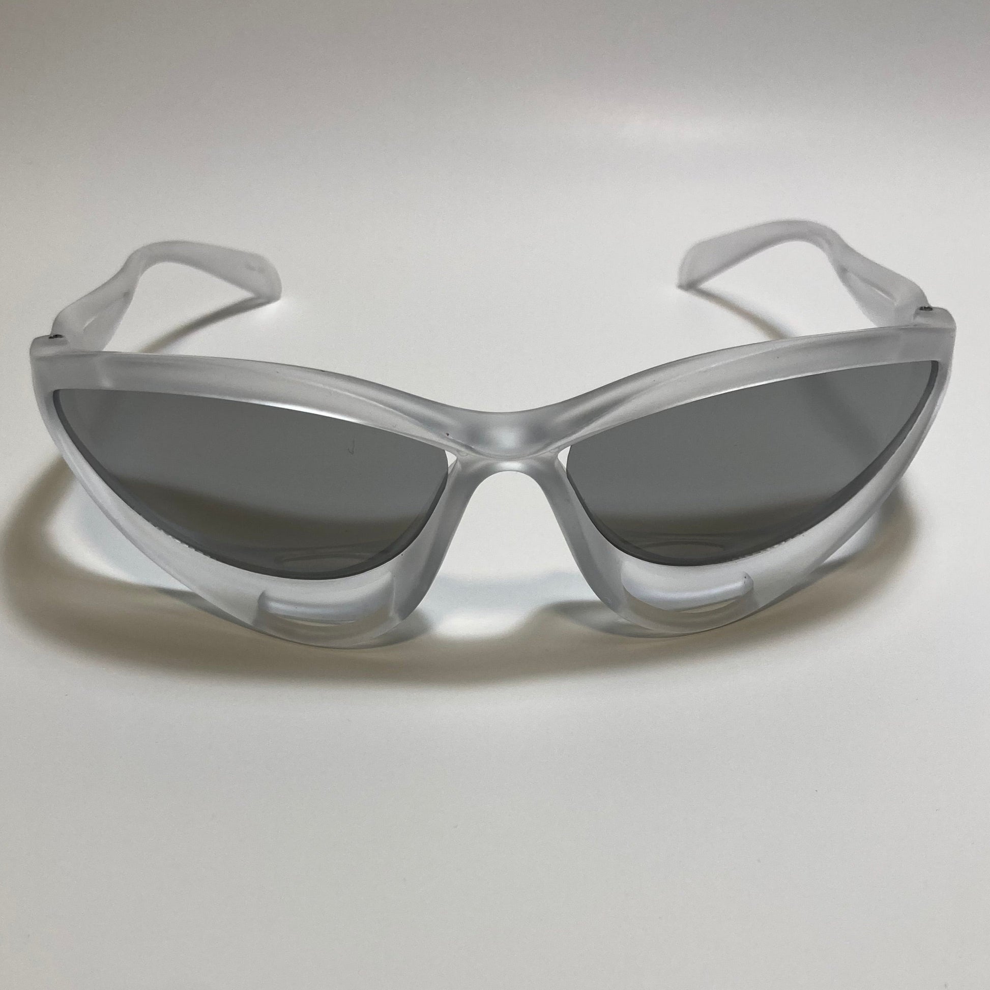 mens and womens clear and silver futuristic sunglasses
