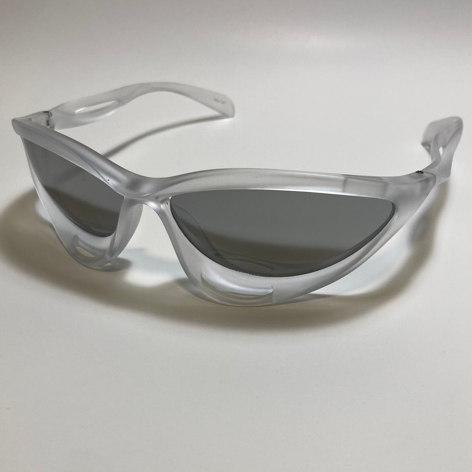 mens and womens clear and silver futuristic sunglasses