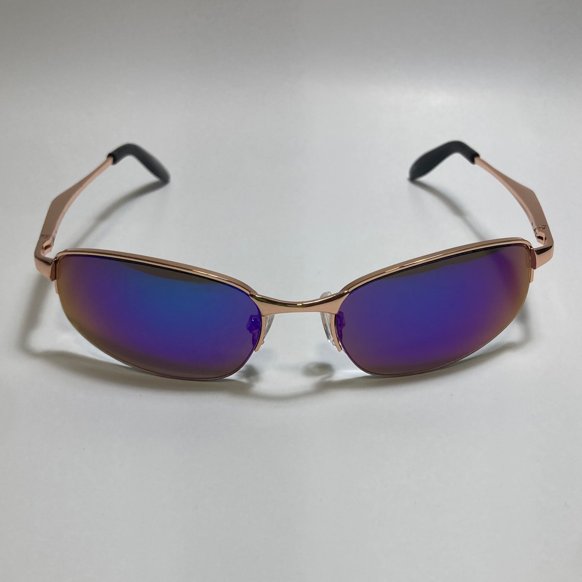 mens and womens gold and blue mirrored metal frame wrap y2k sunglasses