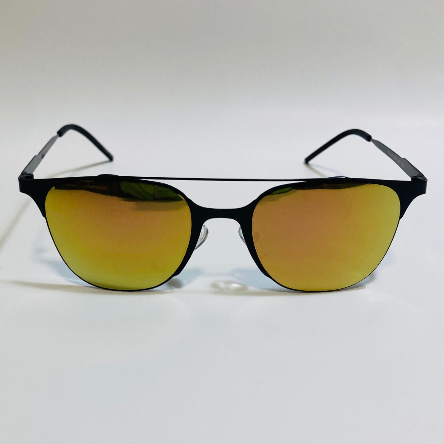 Square black crossbar sunglasses with mirrored yellow lenses 