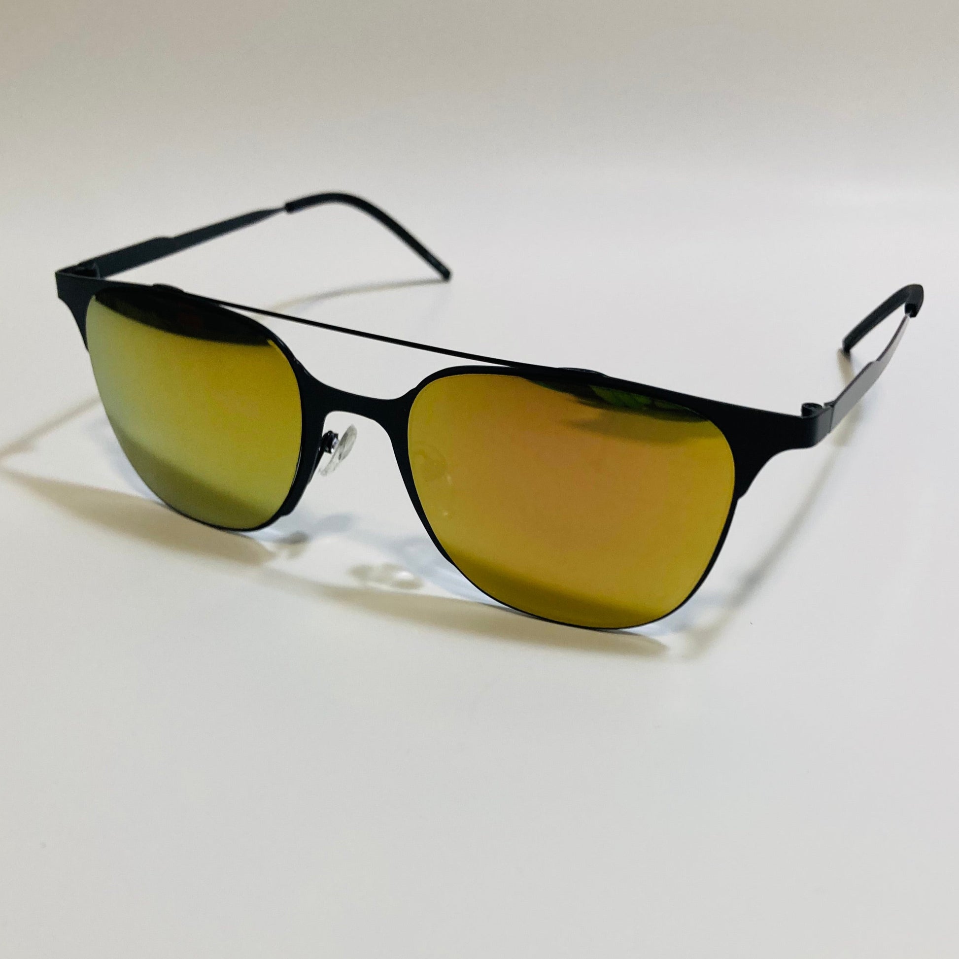Square black crossbar sunglasses with mirrored yellow lenses 
