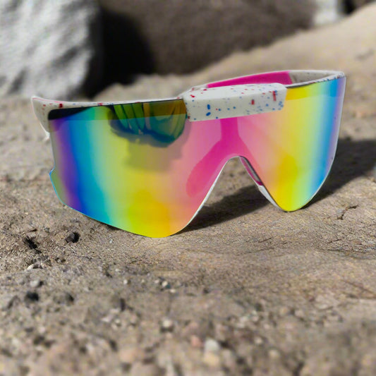 White Sport Sunglasses with Mirrored Pink Lenses 
