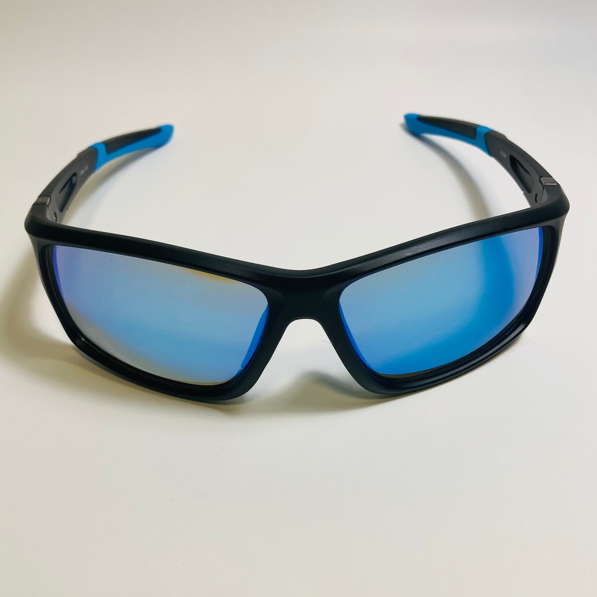 mens black and blue mirrored wraparound sunglasses 