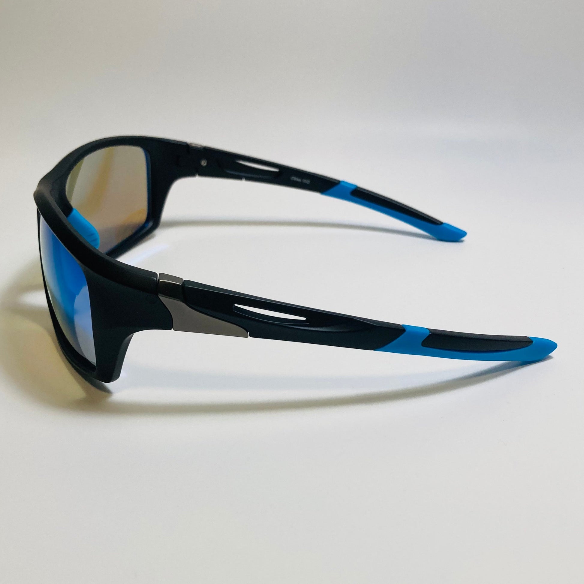 mens black and blue mirrored wraparound sunglasses 