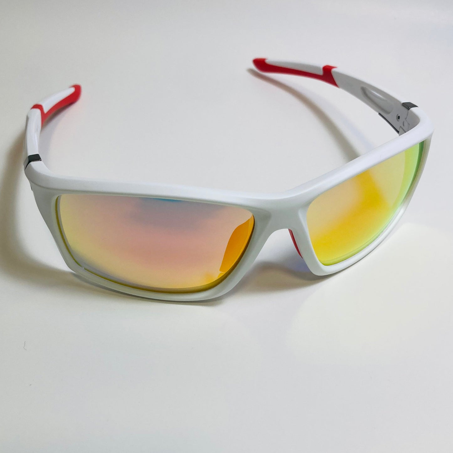mens white and orange mirrored wraparound sunglasses 