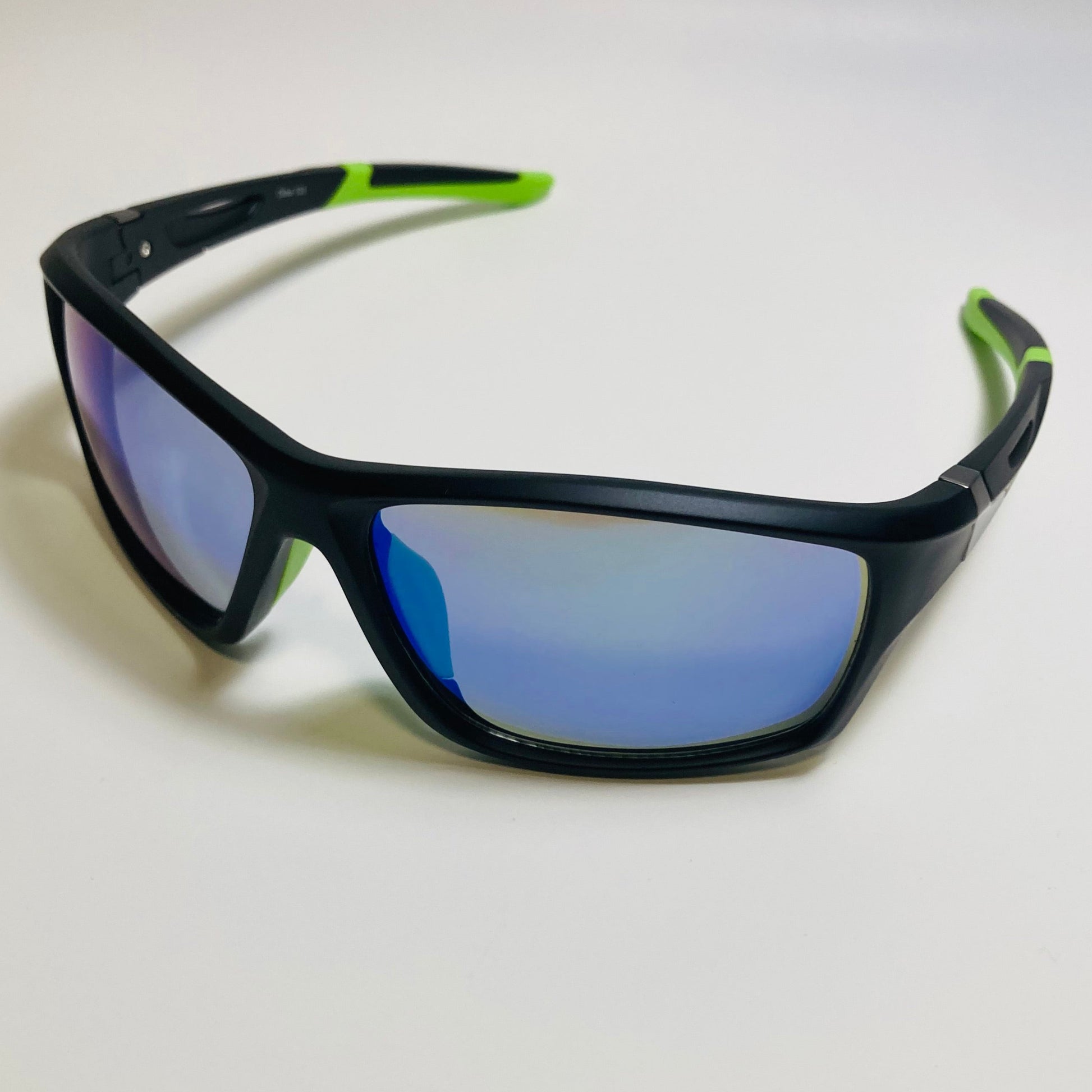 mens black green and blue mirrored wraparound sunglasses 