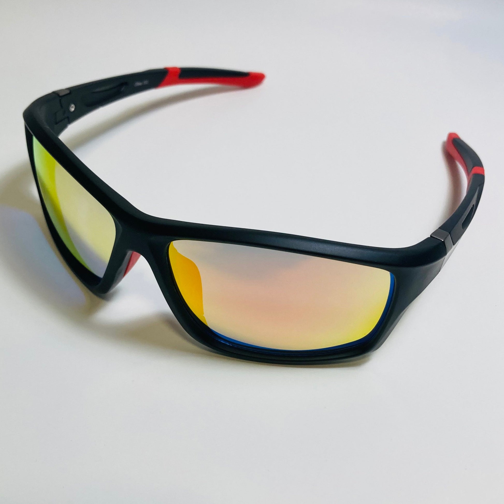 mens black red and orange mirrored wraparound sunglasses 