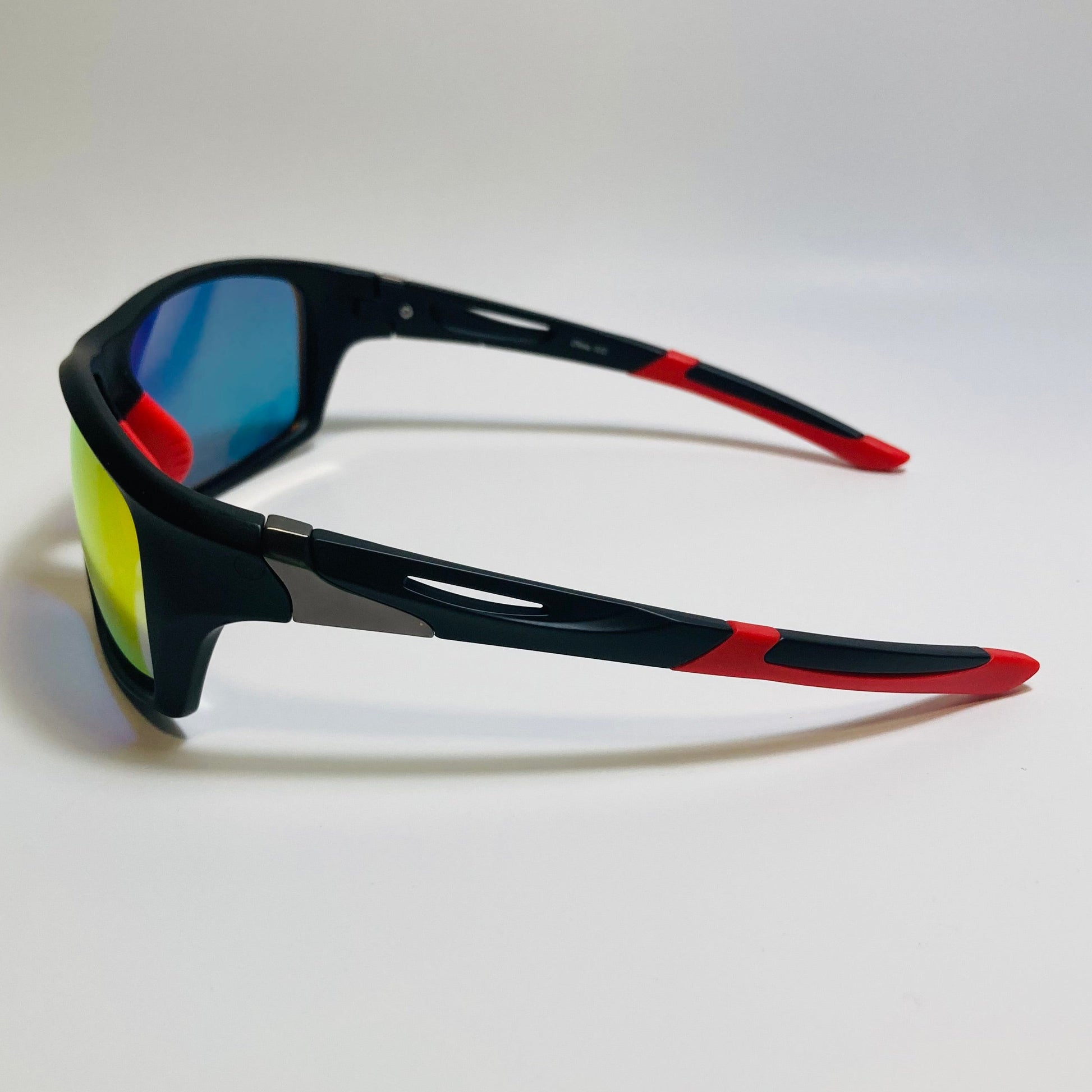 mens black red and orange mirrored wraparound sunglasses 