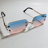 mens and womens blue pink and gold rimless square sunglsses