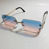 mens and womens blue pink and gold rimless square sunglsses