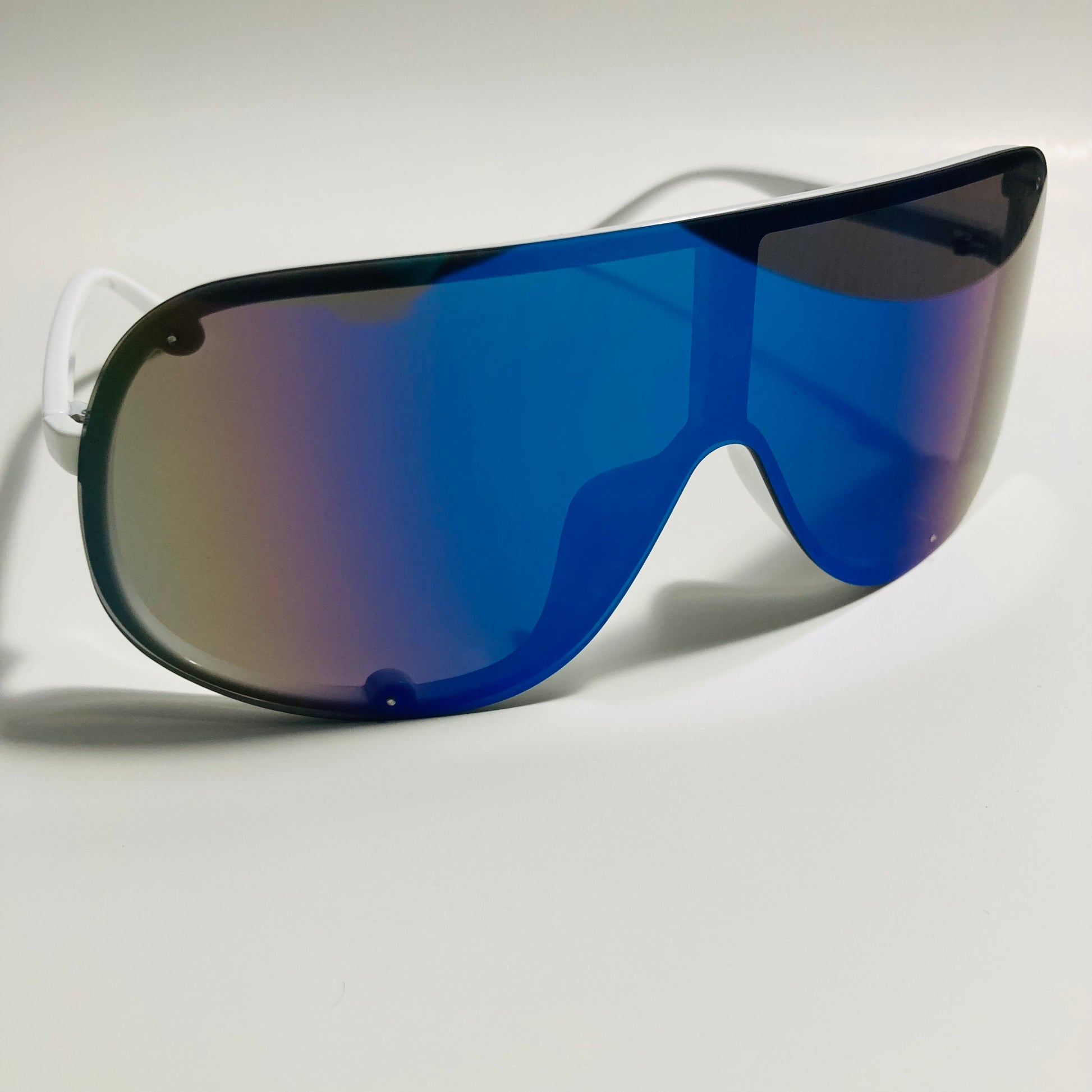 mens and womens white and blue mirrored shield sunglasses