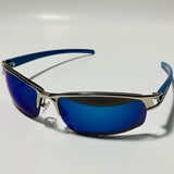 womens and mens silver wrap around sunglasses with mirrored blue lenses