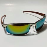 womens and mens silver wrap around sunglasses with mirrored green lenses 