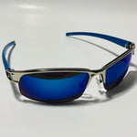 womens and mens silver wrap around sunglasses with mirrored blue lenses 