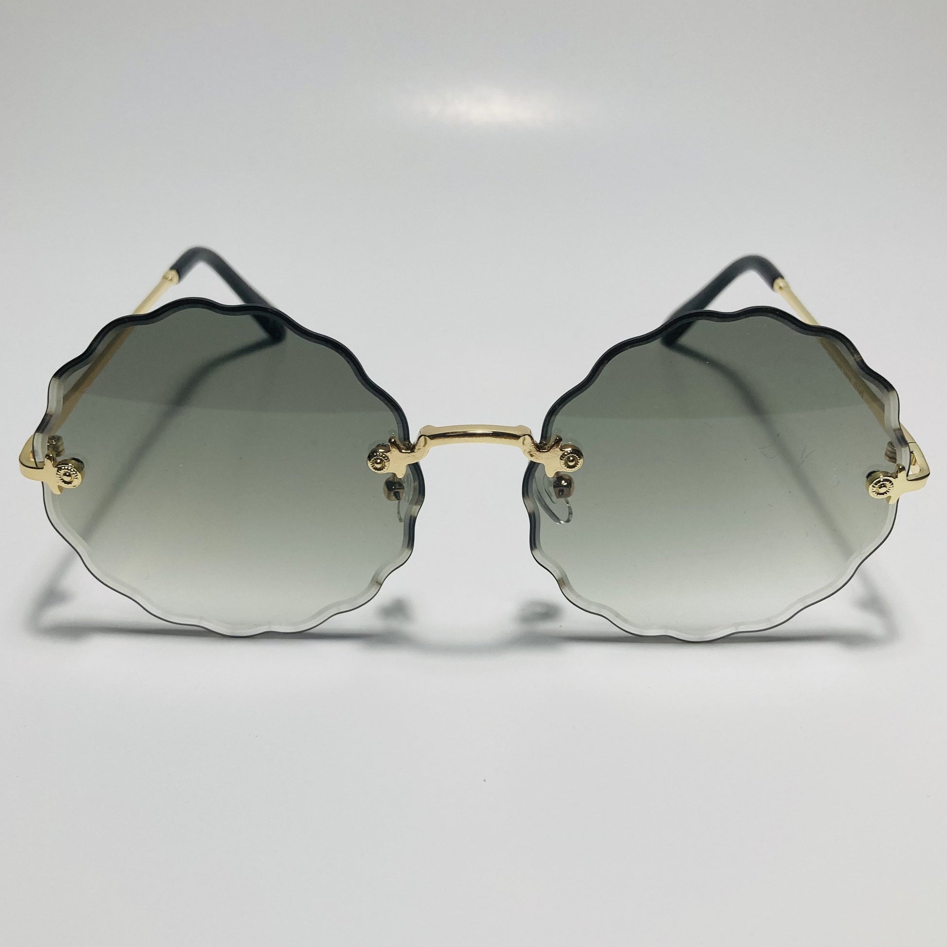 womens green and gold rimless round sunglasses