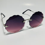 womens purple pink and silver rimless round sunglasses