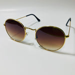 mens and womens round gold sunglasses with brown lenses 