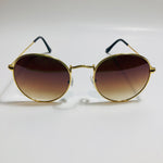 mens and womens round gold sunglasses with brown lenses 