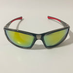 mens and womens gray and green mirrored wrap around sunglasses