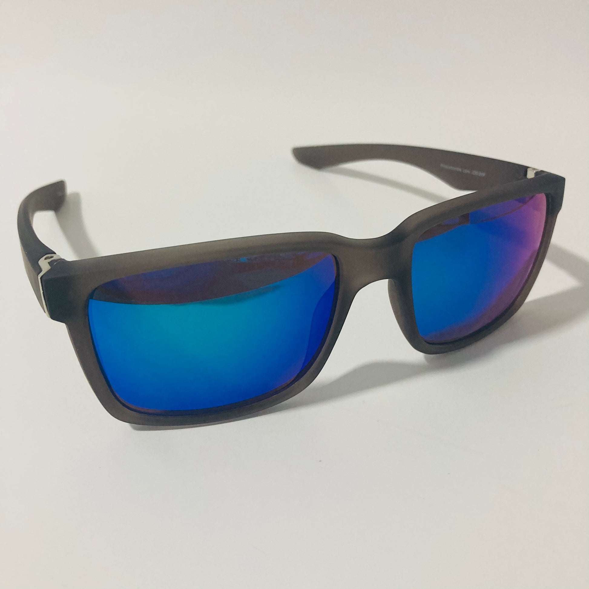 mens gray and blue mirrored square sunglasses