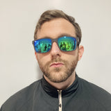 man wearing a black track jacket and gray and blue sunglasses