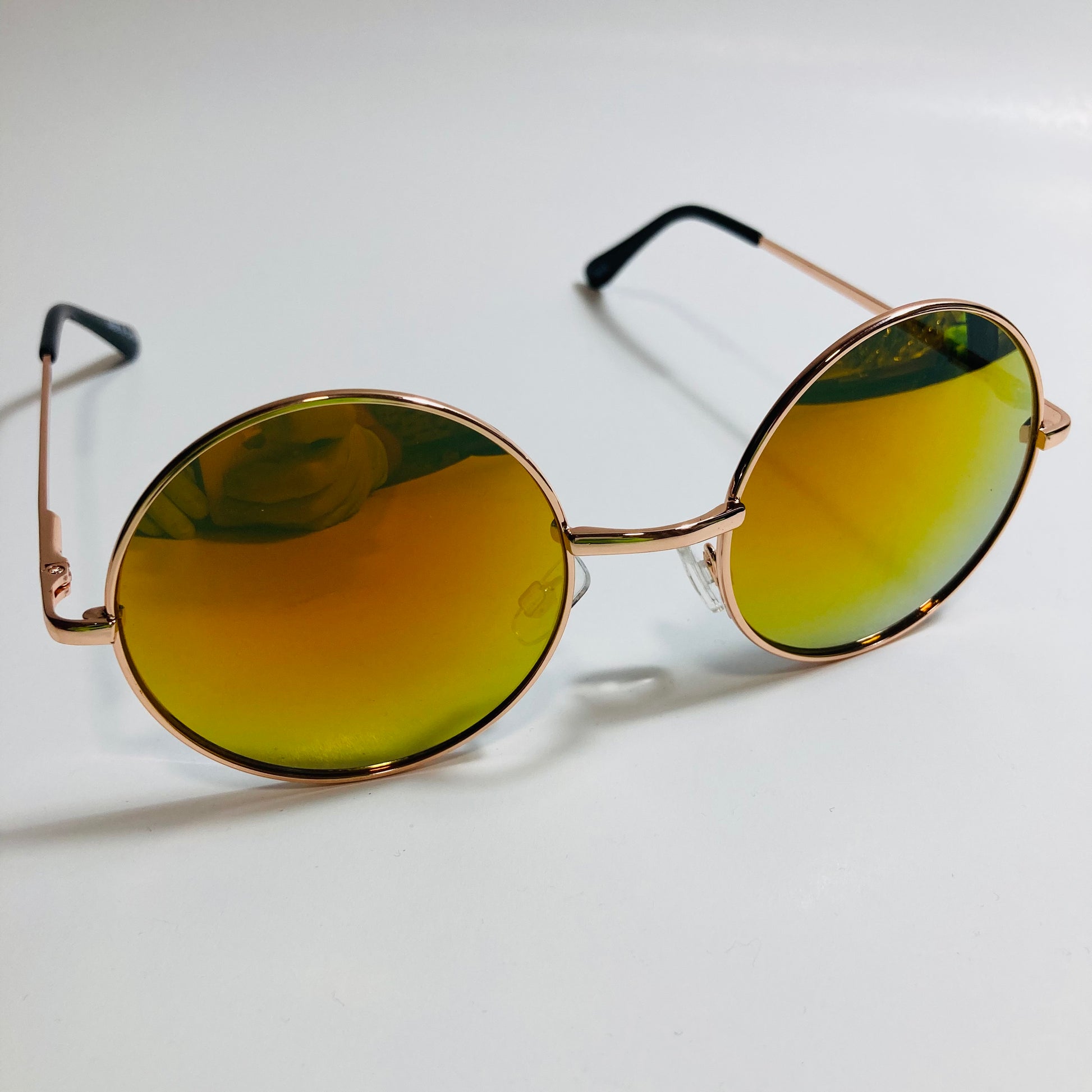 mens and womens gold and orange mirrored round sunglasses