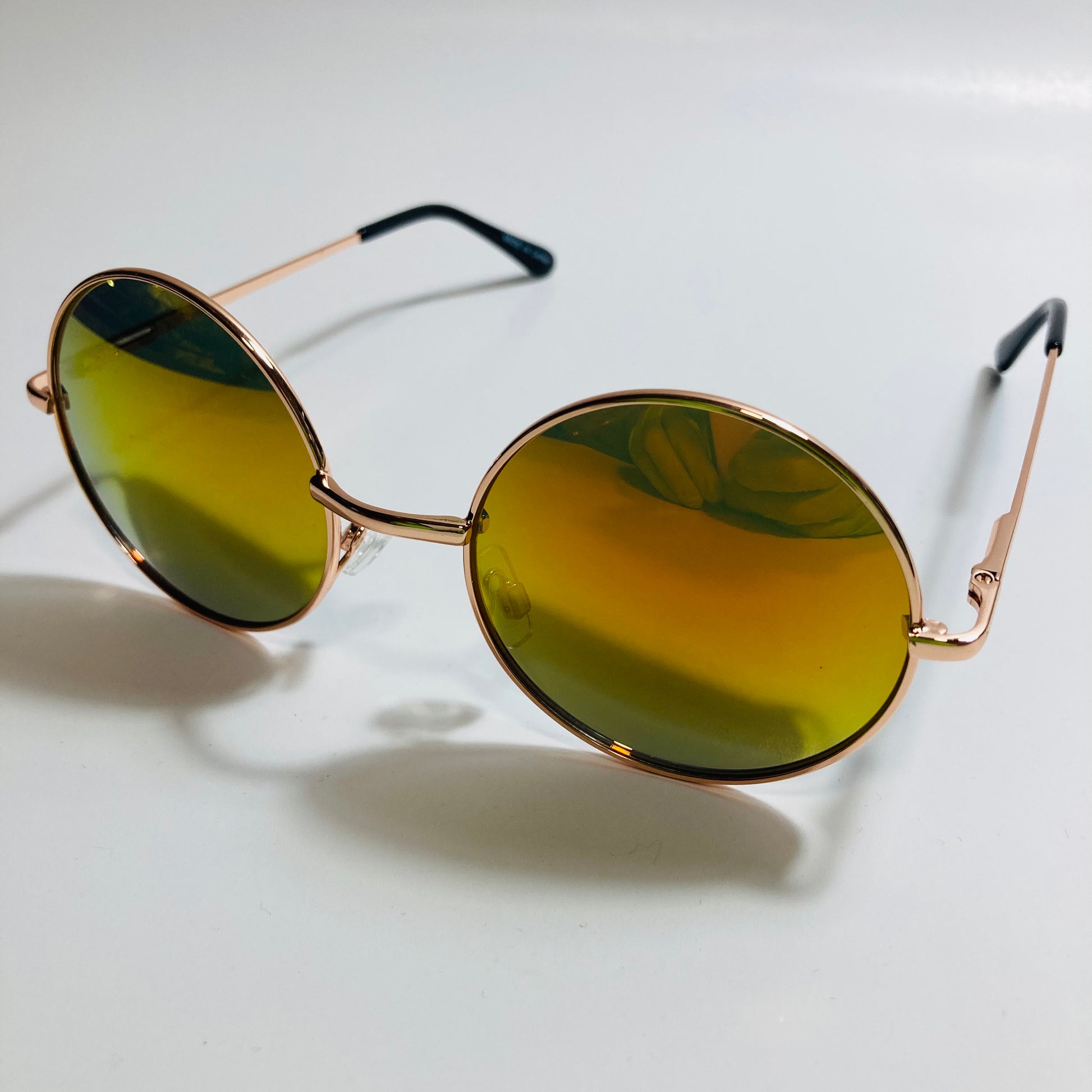mens and womens gold and orange mirrored round sunglasses