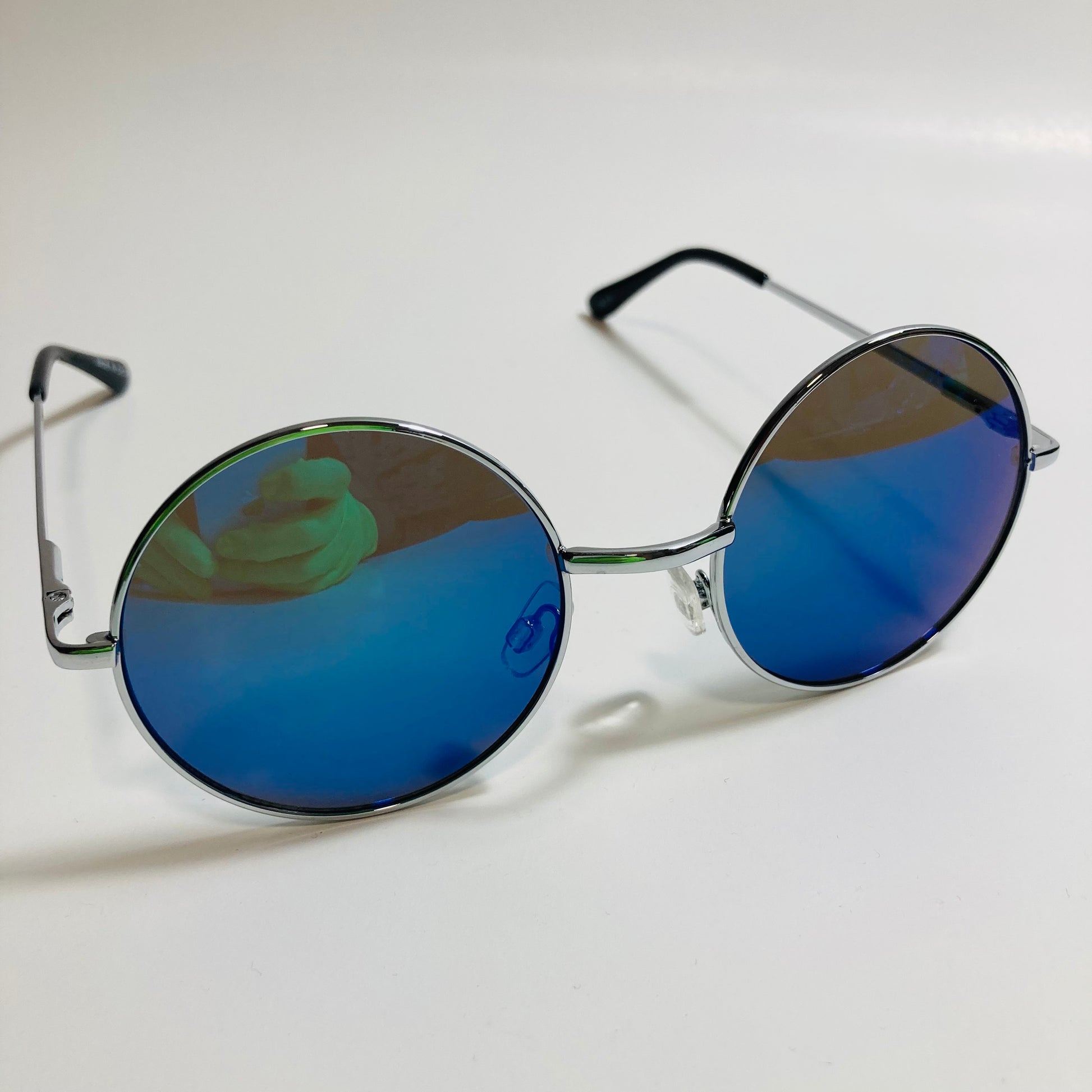 mens and womens silver and blue mirrored round sunglasses