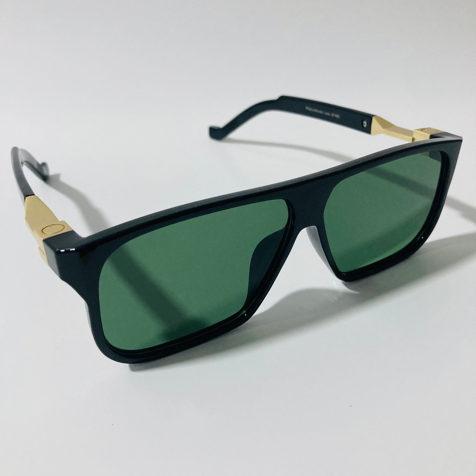 mens and womens black green and gold square sunglasses