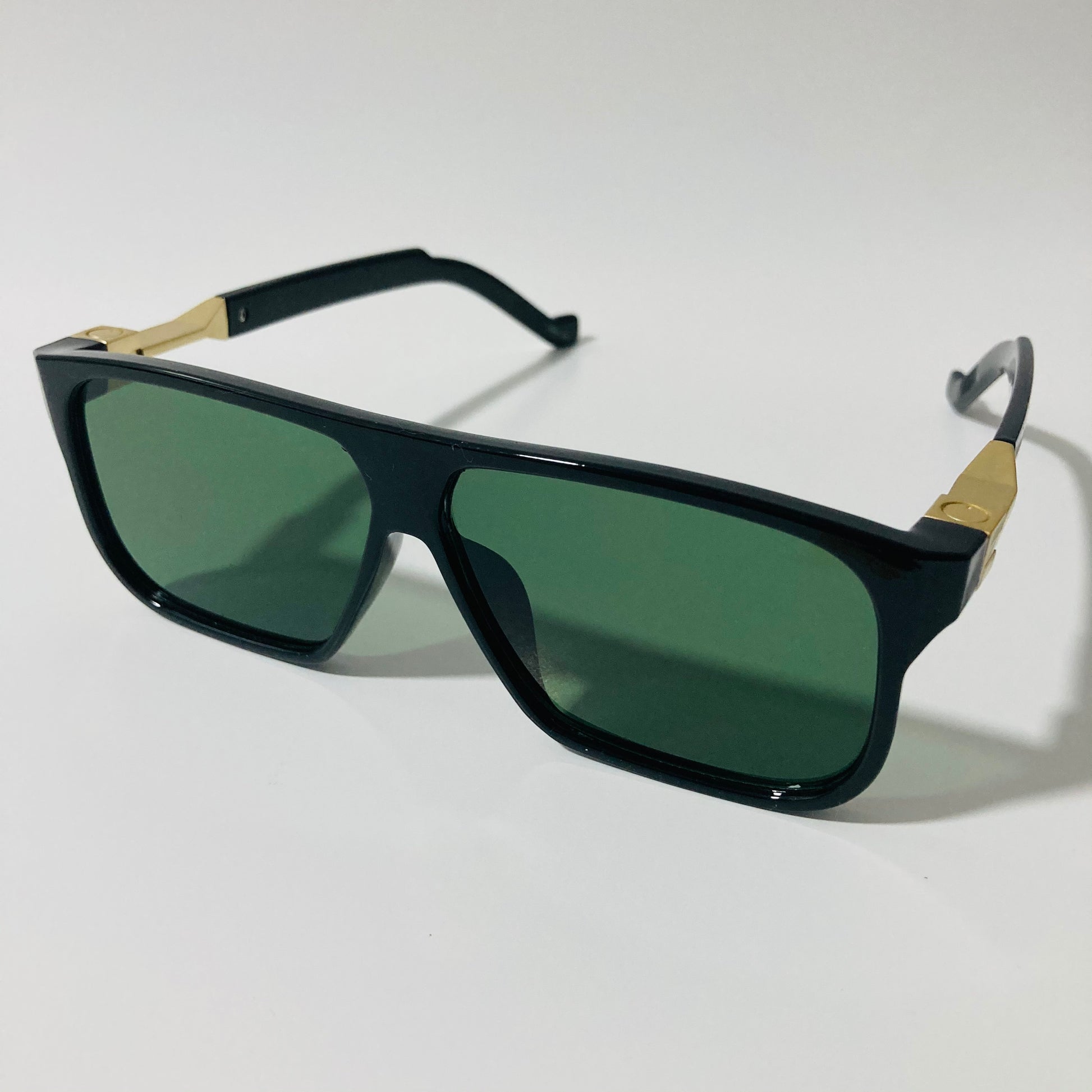 mens and womens black green and gold square sunglasses