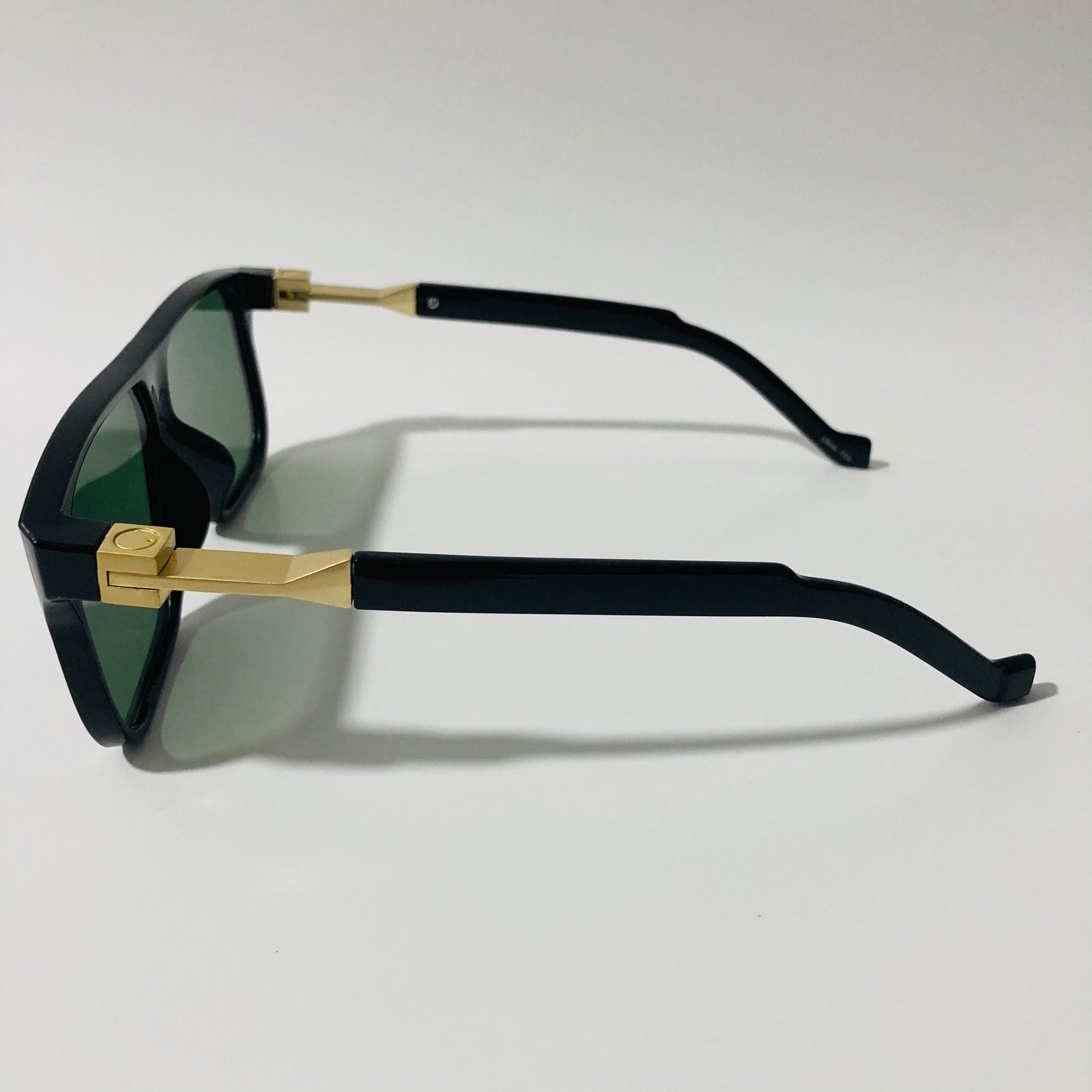 mens and womens black green and gold square sunglasses