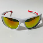 white, red, and yellow polarized wrap around sunglasses