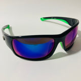 black, green, and blue polarized wrap around sunglasses