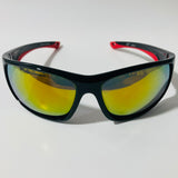 black, red, and yellow polarized wrap around sunglasses