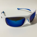 white and blue polarized wrap around sunglasses