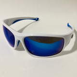 white and blue polarized wrap around sunglasses