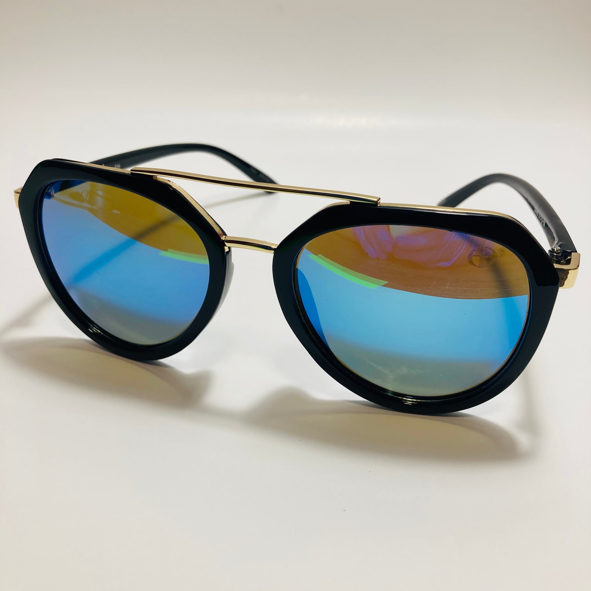 womens black blue and gold mirrored aviator sunglasses