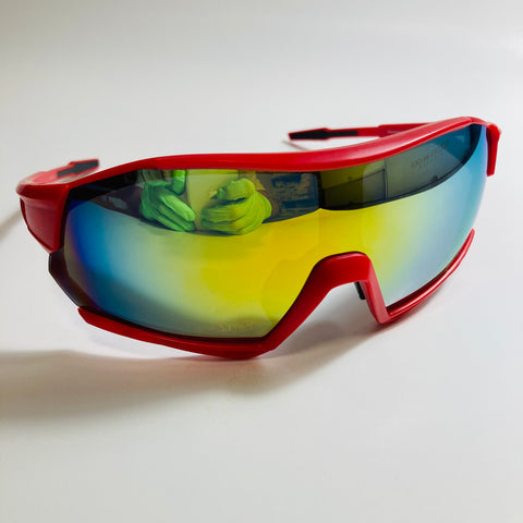 mens red oversize shield sunglasses with yellow mirror lenses