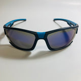 black and blue wrap around sunglasses