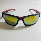 black, red, and yellow wrap around sunglasses