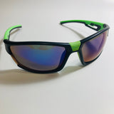 black, green, and blue wrap around sunglasses