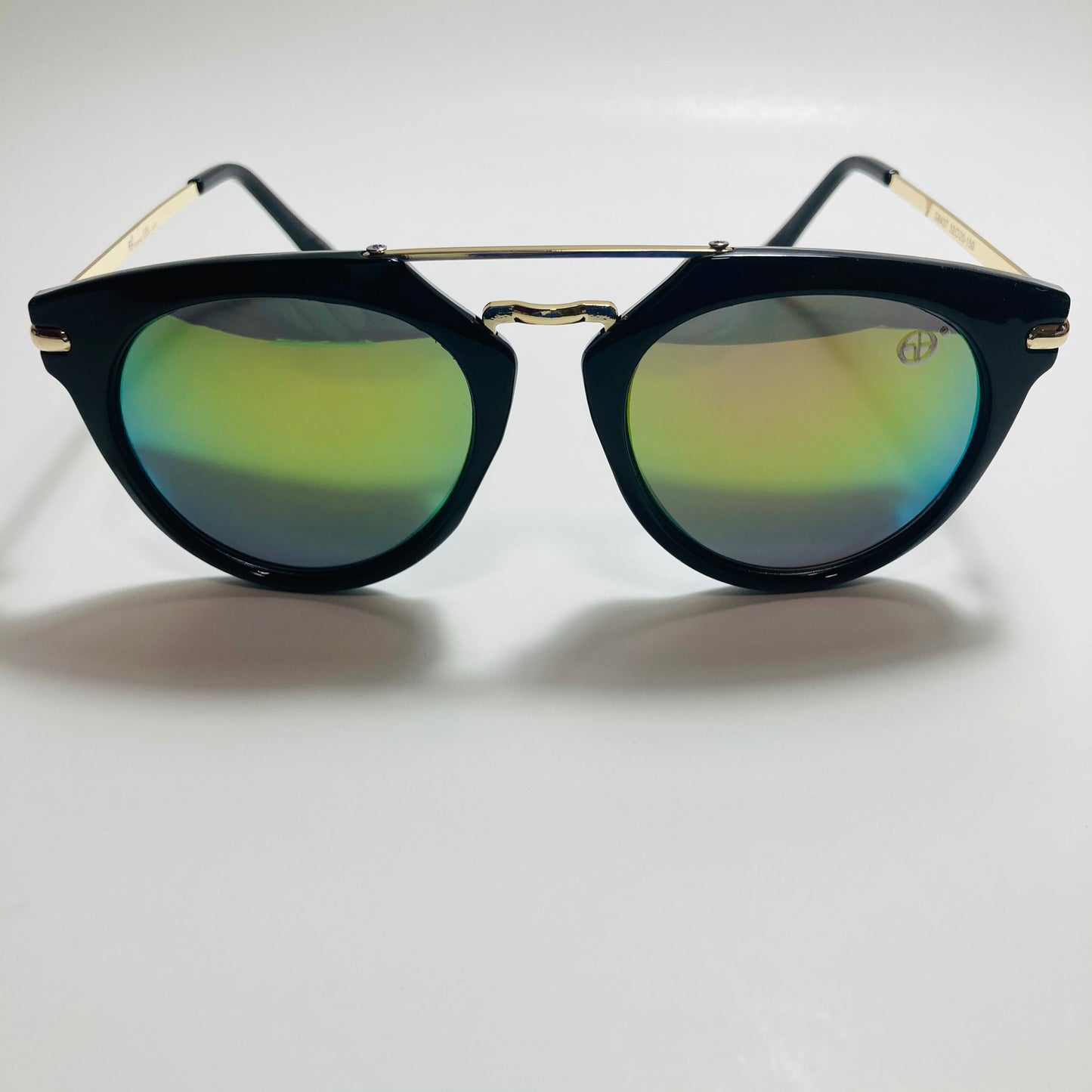 mens and womens black gold and green mirrored round sunglasses with crossbar