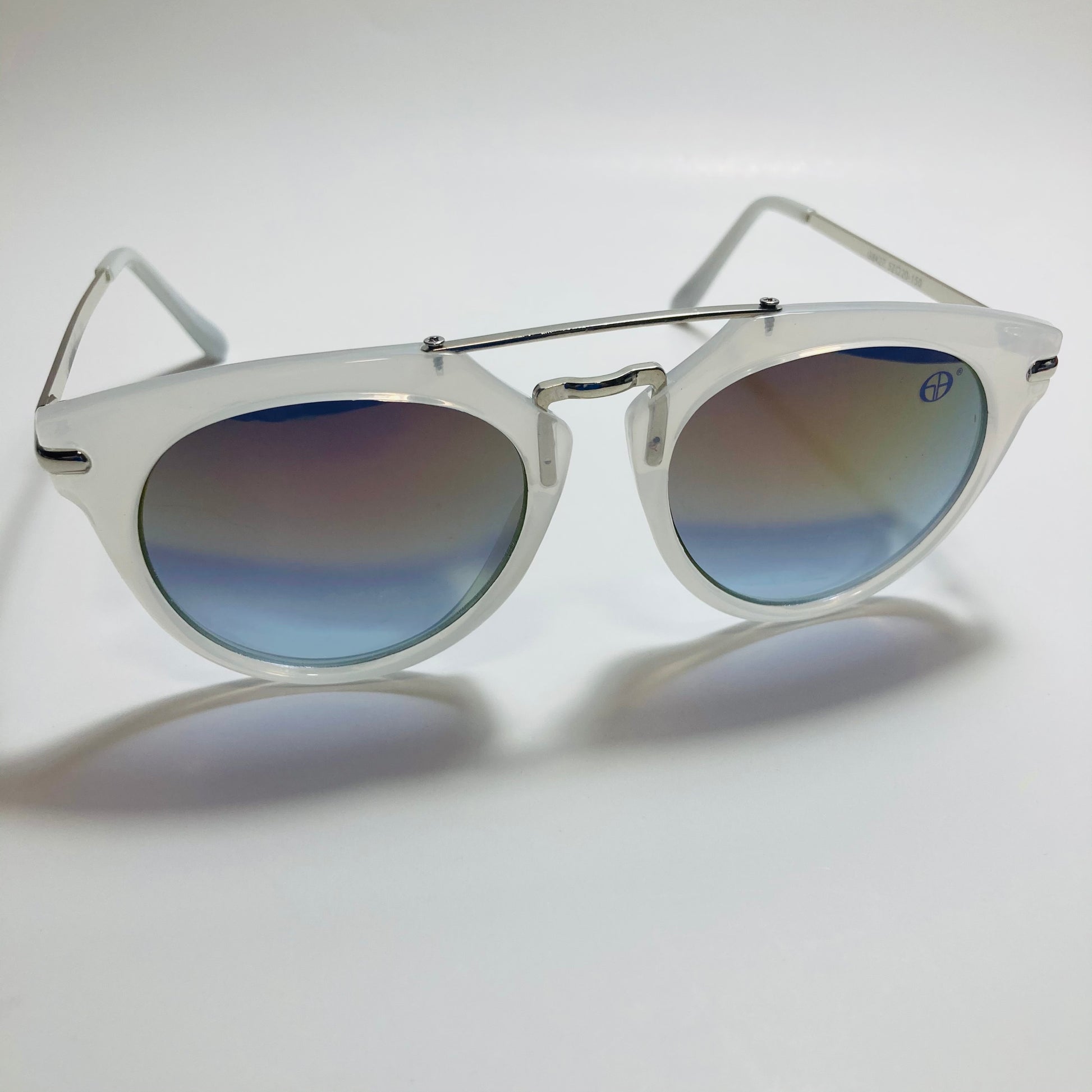mens and womens silver clear and gray round sunglasses with crossbar